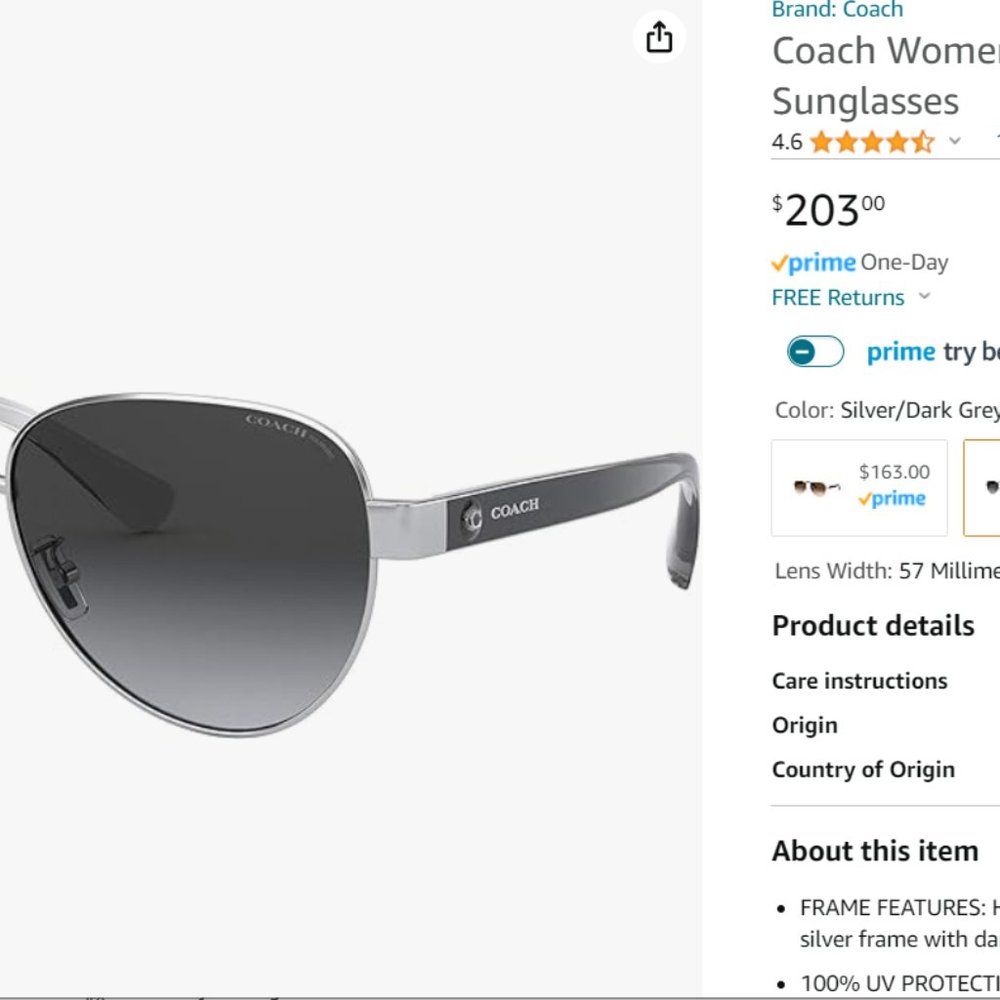 Coach Women's Aviator sunglasses, silver/grey